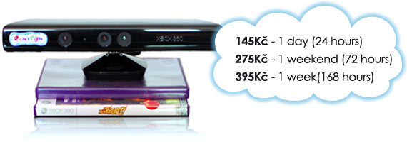 Prices for renting Kinect: 145 Kč/day, 275 Kč/weekend, 395 Kč/week.