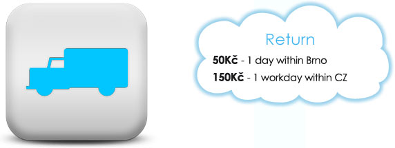 Prices for return: 50 Kč/Brno, 150 Kč/CZ