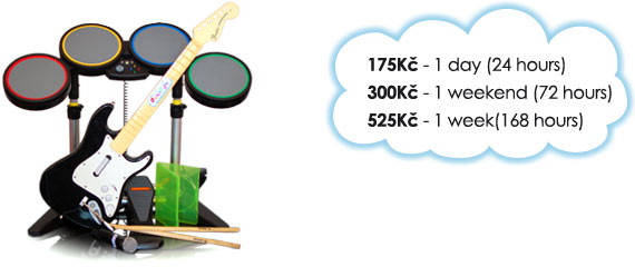 Prices for renting Rock Band: 175 Kč/day, 300 Kč/weekend, 525 Kč/week.