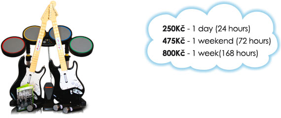 Prices for renting The Beatles Rock Band: 250 Kč/day, 475 Kč/weekend, 800 Kč/week.